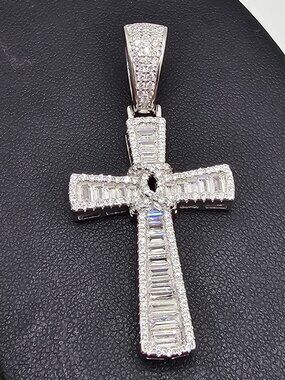 Sterling Silver 925 Rhodium Plated Cubic Zirconia Cross Hip Hop Pendant